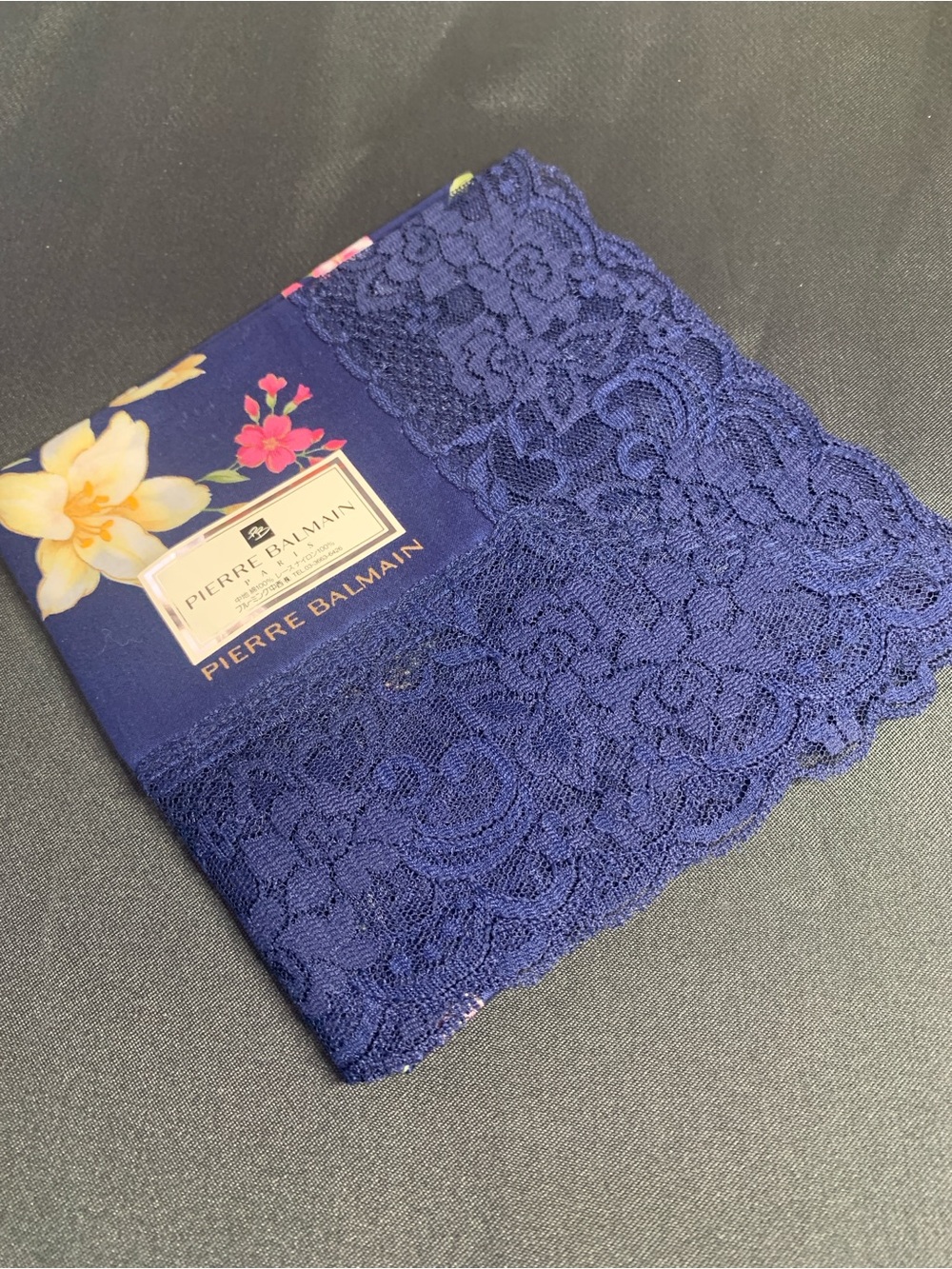 Pierre Balmain Navy Floral Scarf with Lace Trim